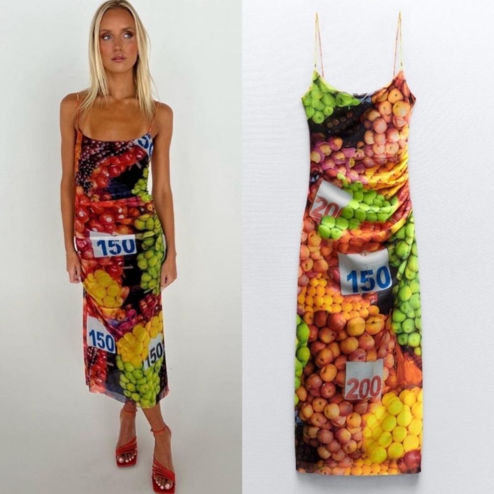 Zara Fun Colorful Fruit Stand Printed Mesh Midi Dress, NWOT Sz M